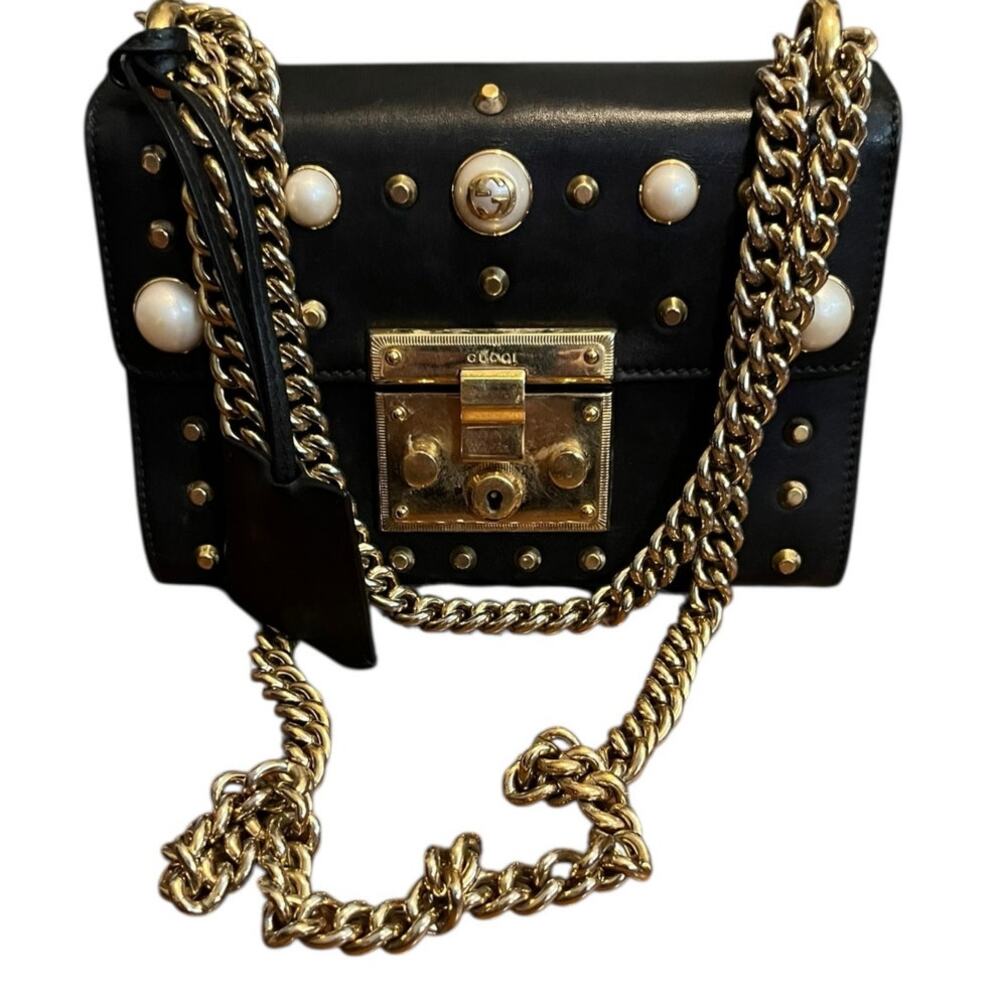 Gucci Black Leather Faux Pearl Padlock Shoulder Bag